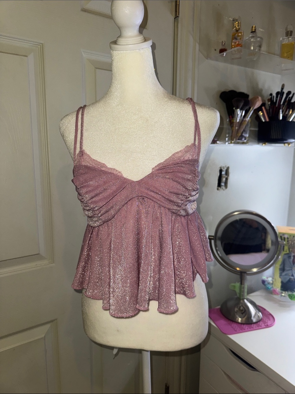 Princess Polly Rose Pink Shimmer Ruched Spaghetti Strap Peplum Cami